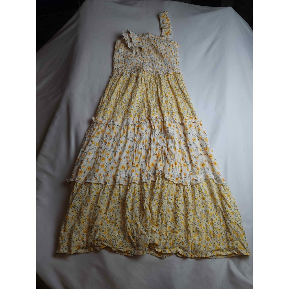 Margaux Riviera Yellow Floral Smocked Tiered Maxi Dress Petite Small PS